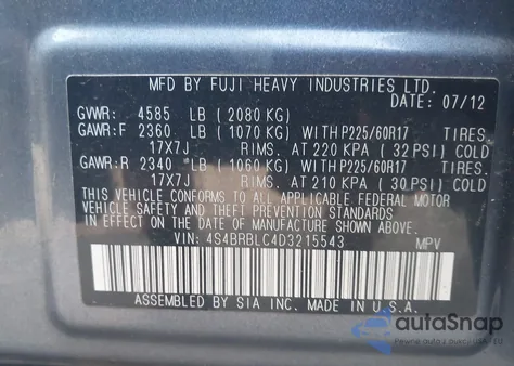 2013 Subaru Outback 2.5I Limited из США, поврежденный, VIN 4S4BRBLC4D3215543